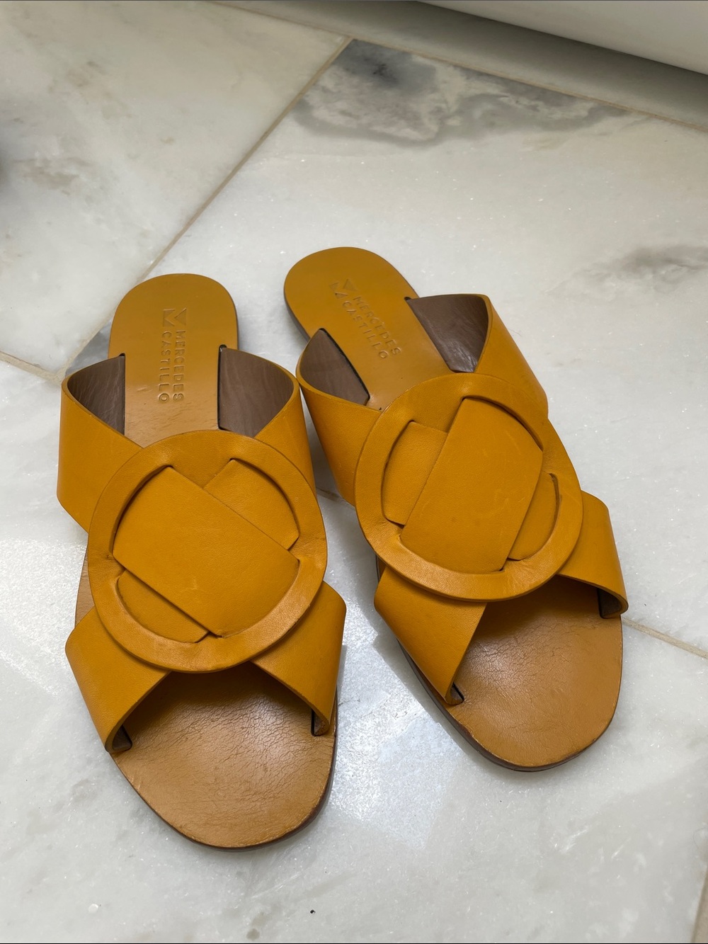 MERCEDES CASTILLO Mustard Yellow Leather Circle-Accent Slide Sandals